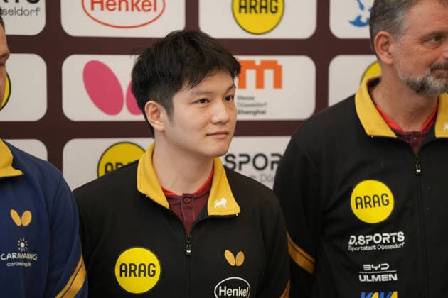 DUSSELDORF, GERMANY - AUGUST 20: Chinese Table tennis, Tischtennis star Fan Zhendong attends a press conference, PK, Pressekonferenz after a welcoming ceremony held by his new club Borussia Dusseldorf on August 20, 2026 in Dusseldorf, Germany. Chinese table tennis star Fan Zhendong was officially unveiled by his new club Borussia Dusseldorf at a press conference on Thursday, as the Olympic champion prepares for his second season in the German Table Tennis Bundesliga and another campaign in European competition.  Copyright: xVCGx 111661096497