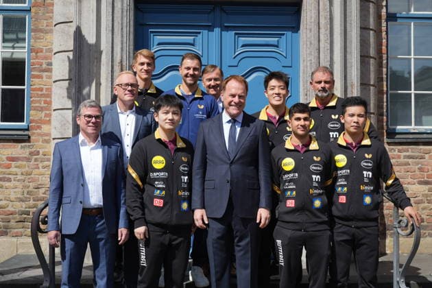 DUSSELDORF, GERMANY - AUGUST 20: Chinese Table tennis, Tischtennis star Fan Zhendong attends a press conference, PK, Pressekonferenz after a welcoming ceremony held by his new club Borussia Dusseldorf on August 20, 2026 in Dusseldorf, Germany. Chinese table tennis star Fan Zhendong was officially unveiled by his new club Borussia Dusseldorf at a press conference on Thursday, as the Olympic champion prepares for his second season in the German Table Tennis Bundesliga and another campaign in European competition.  Copyright: xVCGx 111661096481