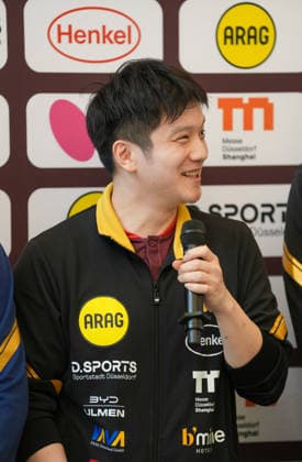 DUSSELDORF, GERMANY - AUGUST 20: Fan Zhendong speaks during the welcoming ceremony held by his new club Borussia Dusseldorf on August 20, 2026 in Dusseldorf, Germany. Chinese Table tennis, Tischtennis star Fan Zhendong was officially unveiled by his new club Borussia Dusseldorf at a press conference, PK, Pressekonferenz on Thursday, as the Olympic champion prepares for his second season in the German Table Tennis Bundesliga and another campaign in European competition.  Copyright: xVCGx 111661096480