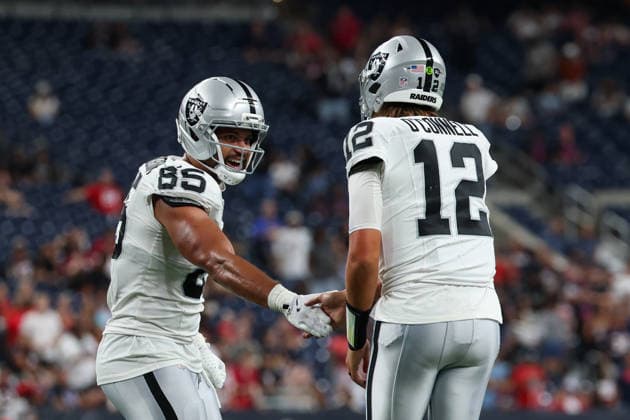 HOUSTON, TX - AUGUST 20: Tight end Albert Okwuegbunam Jr. 85 of the Las Vegas Raiders and quarterback Aidan O Connell 12 of the Las Vegas Raiders celebrate a game winning, quarterback sneak touchdown during the NFL, American Football Herren, USA preseason game between the Houston Texans and the Las Vegas Raiders on August 20, 2026, at Reliant Stadium in Houston, TX. (Photo by David Buono Icon Sportswire) NFL: AUG 20 Raiders at Texans EDITORIAL USE ONLY Icon260820045