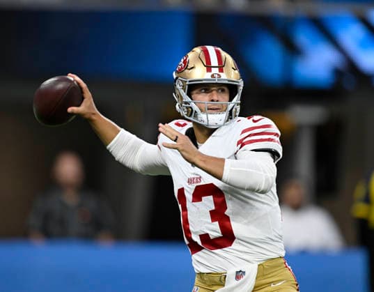Aug 20, 2026; San Francisco 49ers quarterback Brock Purdy (13) throws a pass during the NFL, American Football Herren, USA game between the Los Angeles Chargers and the San Francisco 49ers in Inglewood, California, USA; Mandatory Credit: -Cal Media Inglewood USA - ZUMAc04_ 20260820_zma_c04_002 Copyright: xCharlesxBausx