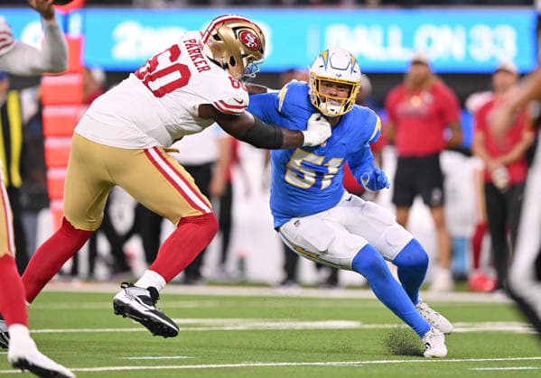 INGLEWOOD, CA - AUGUST 20: Los Angeles Chargers linebacker Andre Carter II (51) rushes from the edge against San Francisco 49ers offensive tackle Brandon Parker (60) during the game between the Los Angeles Chargers and the San Francisco 49ers on August 20, 2026 at SoFi Stadium in Inglewood. (Photo by David Dennis Icon Sportswire) NFL, American Football Herren, USA AUG 20 49ers at Chargers EDITORIAL USE ONLY Icon26082032