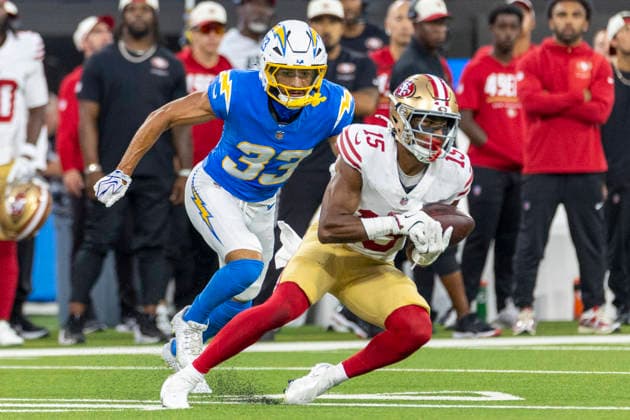 August 20, 2026, Inglewood, California, USA: San Francisco 49ers Wide Receiver De Zhaun Stribling (15) runs the ball away from Los Angeles Chargers Running Back Deane Leonard (33) during an NFL, American Football Herren, USA football preseason game, in Inglewood, Calif. on Thursday August 20, 2026. NHL, Eishockey Herren, USA 2026: LA Chargers : SF 49ers  - ZUMAc68_ 20260820_zaf_c68_023 Copyright: xRingoxChiux
