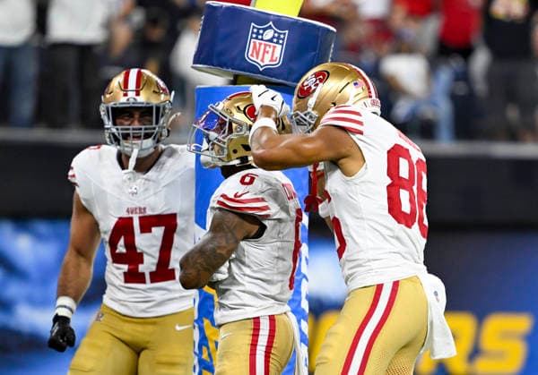Aug 20, 2026; San Francisco 49ers wide receiver Jacob Cowing (6) celebrates after returning a punt for a touchdown during the NFL, American Football Herren, USA game between the Los Angeles Chargers and the San Francisco 49ers in Inglewood, California, USA; Mandatory Credit: -Cal Media Inglewood USA - ZUMAc04_ 20260820_zma_c04_023 Copyright: xCharlesxBausx