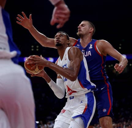 (260821) -- BELGRADE, Aug. 21, 2026 -- France s Victor Wembanyama (L) vies with Serbia s Nikola Jokic (R) during a friendly basketball match between Serbia and France in Belgrade, Serbia on August 20, 2026. (Photo by Xinhua) (SP)SERBIA-BELGRADE-BASKETBALL-FRIENDLY-SERBIA-FRANCE DjordjexKostic 