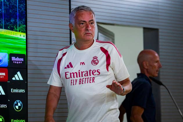 Real Madrid press conference, PK, Pressekonferenz Jose Mourinho, head coach of Real Madrid, is seen speaking during the press conference ahead of the opening LaLiga EA Sports match against RCD Espanyol de Barcelona at Ciudad Real Madrid on August 21, 2026 in Madrid, Spain. Madrid Ciudad Real Madrid Madrid Spain Copyright: xAlbertoxGardinx AGardin_20260821_Foot_Rea_Mad_Press_0023
