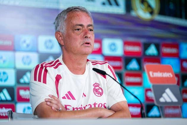Real Madrid press conference, PK, Pressekonferenz Jose Mourinho, head coach of Real Madrid, is seen speaking during the press conference ahead of the opening LaLiga EA Sports match against RCD Espanyol de Barcelona at Ciudad Real Madrid on August 21, 2026 in Madrid, Spain. Madrid Ciudad Real Madrid Madrid Spain Copyright: xAlbertoxGardinx AGardin_20260821_Foot_Rea_Mad_Press_0044