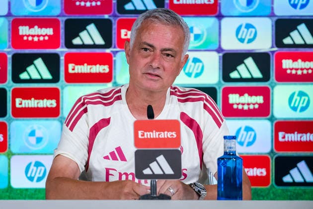 Real Madrid press conference, PK, Pressekonferenz Jose Mourinho, head coach of Real Madrid, is seen speaking during the press conference ahead of the opening LaLiga EA Sports match against RCD Espanyol de Barcelona at Ciudad Real Madrid on August 21, 2026 in Madrid, Spain. Madrid Ciudad Real Madrid Madrid Spain Copyright: xAlbertoxGardinx AGardin_20260821_Foot_Rea_Mad_Press_0068