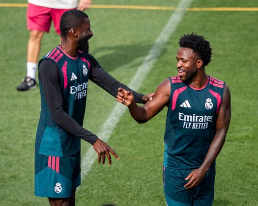 Real Madrid training session Players of Real Madrid CF (from L to R) Antonio Rudiger, Vinicius Junior are seen during the training session ahead of their opening LaLiga EA Sports match against RCD Espanyol de Barcelona at Ciudad Real Madrid on August 21, 2026 in Madrid, Spain. Madrid Ciudad Real Madrid Madrid Spain Copyright: xAlbertoxGardinx AGardin_20260821_Foot_Rea_Mad_Tra_0218