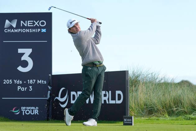 BALMEDIE, SCOTLAND - AUG 21: Maximilian Steinlechner (AUT) plays from the third tee during Round 2 at the 2026 Nexo Championship at the Trump International Golf Links, Balmedie on August 21, 2026 in Aberdeenshire, Scotland The 2026 Nexo Championship
