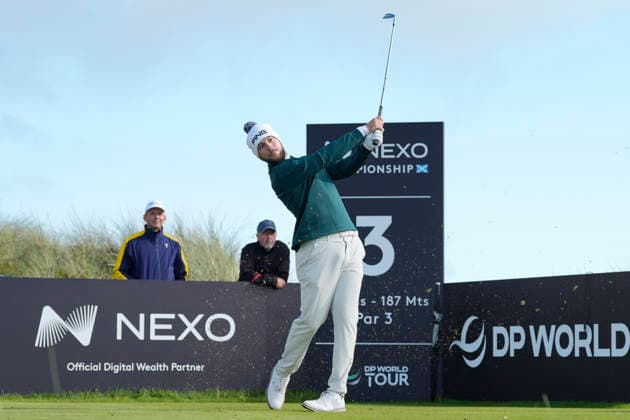 BALMEDIE, SCOTLAND - AUG 21: Rocco Repetto-Taylor (ESP) plays from the third tee during Round 2 at the 2026 Nexo Championship at the Trump International Golf Links, Balmedie on August 21, 2026 in Aberdeenshire, Scotland The 2026 Nexo Championship