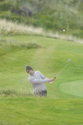 BALMEDIE, SCOTLAND - AUG 21: Hugo Townsend (SWE) plays from a bunker on the 7th hole during Round 2 at the 2026 Nexo Championship at the Trump International Golf Links, Balmedie on August 21, 2026 in Aberdeenshire, Scotland The 2026 Nexo Championship