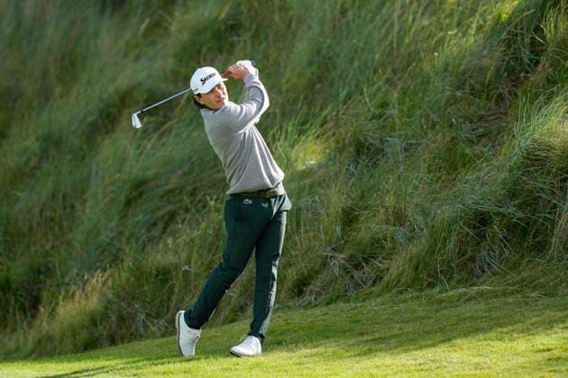 BALMEDIE, SCOTLAND - AUG 21: Maximilian Steinlechner (AUT) plays from the rough on the first hole during Round 2 at the 2026 Nexo Championship at the Trump International Golf Links, Balmedie on August 21, 2026 in Aberdeenshire, Scotland The 2026 Nexo Championship