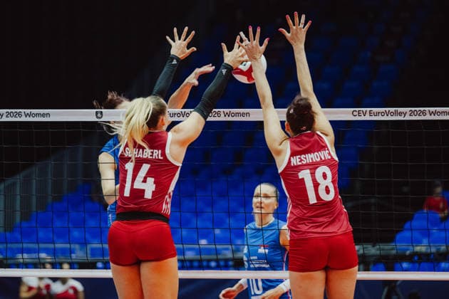 VOLLEYBALL - Eurovolley 2026, AUT vs SRB BRNO,CZECH REPUBLIC,21.AUG.26 - VOLLEYBALL - CEV Women s European Championship, EM, Europameisterschaft 2026, Austria vs Serbia. Image shows Kora Schaberl and Nina Nesimovic (AUT).  GEPAxpictures xAlexanderxSolc
