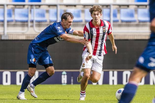 TILBURG , 21-08-2026 , Koning Willem II stadium , season 2026 2027 , Dutch Eredivisie football , match between Willem II and Telstar (friendly) , picture shows Telstar player Rui Mendes , Willem II player Per van Loon Willem II - Telstar (friendly)  x205893950x Copyright: