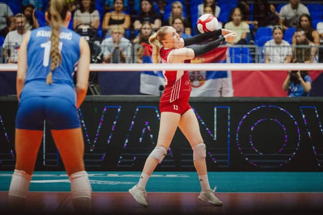 VOLLEYBALL - Eurovolley 2026, AUT vs SRB BRNO,CZECH REPUBLIC,21.AUG.26 - VOLLEYBALL - CEV Women s European Championship, EM, Europameisterschaft 2026, Austria vs Serbia. Image shows Lina Hinteregger (AUT).  GEPAxpictures xAlexanderxSolc