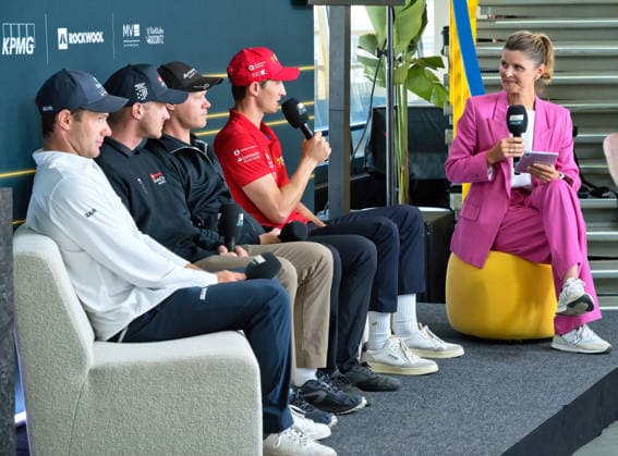 Sail GP Germany Sassnitz 2026 Eröffnungspressekonferenz - von links: Sebastien Schneiter, Nicolai Sehestedt, Nathan Outteridge, Florian Trittel, im Interview durch Moderatorin Kristin Recke Sassnitz Ostsee Mecklenburg-Vorpommern Deutschland *** Sail GP Germany Sassnitz 2026 Opening Press Conference: From left, Sebastien Schneiter, Nicolai Sehestedt, Nathan Outteridge, Florian Trittel, interviewed by host Kristin Recke; Sassnitz, Baltic Sea, Mecklenburg-Western Pomerania, Germany