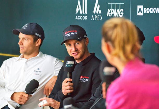 Sail GP Germany Sassnitz 2026 Eröffnungspressekonferenz - Sebastien Schneiter, Driver des Teams Explora Journeys Swiss, und Nicolai Sehested, Driver des Teams Rockwool Racing Denmark, im Interview durch Moderatorin Kristin Recke Sassnitz Ostsee Mecklenburg-Vorpommern Deutschland *** Sail GP Germany Sassnitz 2026 Opening Press Conference: Sebastien Schneiter, driver for Team Explora Journeys Swiss, and Nicolai Sehested, driver for Team Rockwool Racing Denmark, in an interview with host Kristin Recke; Sassnitz, Baltic Sea, Mecklenburg-Western Pomerania, Germany