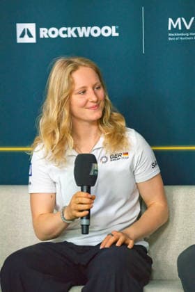 Sail GP Germany Sassnitz 2026 Eröffnungspressekonferenz - Anna Barth, Strategin des Teams Deutsche Bank Germany, im Interview Sassnitz Ostsee Mecklenburg-Vorpommern Deutschland *** Sail GP Germany Sassnitz 2026 Opening Press Conference: Interview with Anna Barth, Strategist for Team Deutsche Bank Germany, in Sassnitz, Baltic Sea, Mecklenburg-Western Pomerania, Germany