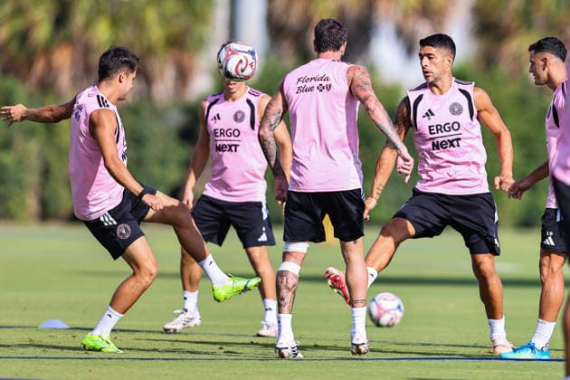FORT LAUDERDALE, FL - AUGUST 21: Sergio Reguilon (3)(L) and Luis Suarez (9)(R) of Inter Miami CF are seen during an Inter Miami Training Session at Florida Blue Training Center on August 21, 2026 in Fort Lauderdale, Florida. SOCCER: AUG 21 Inter Miami CF Training EDITORIAL USE ONLY Icon2608210000001