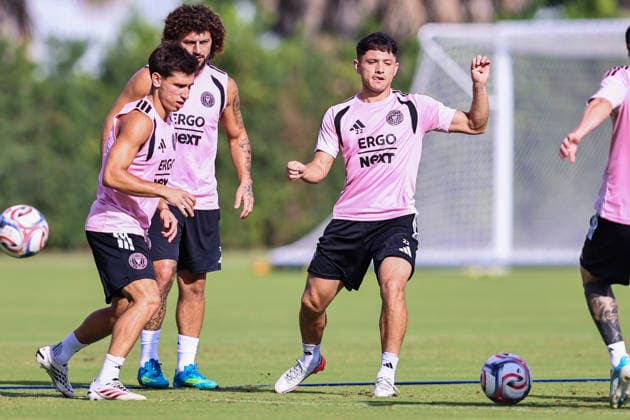 FORT LAUDERDALE, FL - AUGUST 21: Facundo Mura (4) and David Ayala (22) of Inter Miami CF are seen during an Inter Miami Training Session at Florida Blue Training Center on August 21, 2026 in Fort Lauderdale, Florida. SOCCER: AUG 21 Inter Miami CF Training EDITORIAL USE ONLY Icon2608210000006