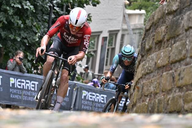 Belgian Jarno Widar of Lotto-Intermarche and Belgian Alec Segaert of Bahrain Victorious in action during stage three of the Renewi Tour multi-stage cycling race, from Celles to Geraardsbergen (182 km) on Friday 21 August 2026. The five-day race takes place from 19 to 23 08. DAVIDxPINTENS  x183916811x