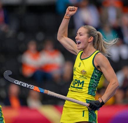 Hockey World Cup Day Seven Claire Colwill of Australia Women (Hockeyroos) celebrates earning a penalty stroke to equalise against China in the Pool E group in the 2026 FIH Hockey World Cup at Wagener Stadium, Amstelveen 21 08 2026 UK Newspapers OUT Copyright: xGraemexWilcocksonx FIL-23806-0029