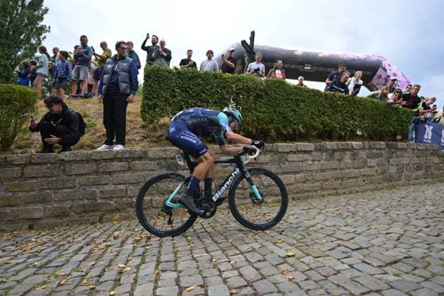 Belgian Alec Segaert of Bahrain Victorious pictured in action at stage three of the Renewi Tour multi-stage cycling race, from Celles to Geraardsbergen (182 km) on Friday 21 August 2026. The five-day race takes place from 19 to 23 08. DAVIDxPINTENS  x183916774x
