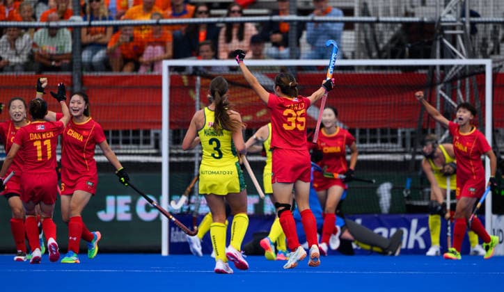 Hockey World Cup Day Seven China celebrate their opening goal in the Pool E group against Australia in the 2026 FIH Hockey World Cup at Wagener Stadium, Amstelveen 21 08 2026 UK Newspapers OUT Copyright: xGraemexWilcocksonx FIL-23806-0034