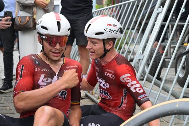 Belgian Jenno Berckmoes (R) celebrates with his teammate Arnaud De Lie of Lotto-Intermarche after winning stage three of the Renewi Tour multi-stage cycling race, from Celles to Geraardsbergen (182 km) on Friday 21 August 2026. The five-day race takes place from 19 to 23 08. DAVIDxPINTENS  x0864588812stx