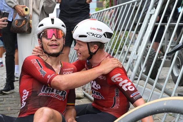 Belgian Jenno Berckmoes (R) celebrates with his teammate Arnaud De Lie of Lotto-Intermarche after winning stage three of the Renewi Tour multi-stage cycling race, from Celles to Geraardsbergen (182 km) on Friday 21 August 2026. The five-day race takes place from 19 to 23 08. DAVIDxPINTENS  x0864589021stx