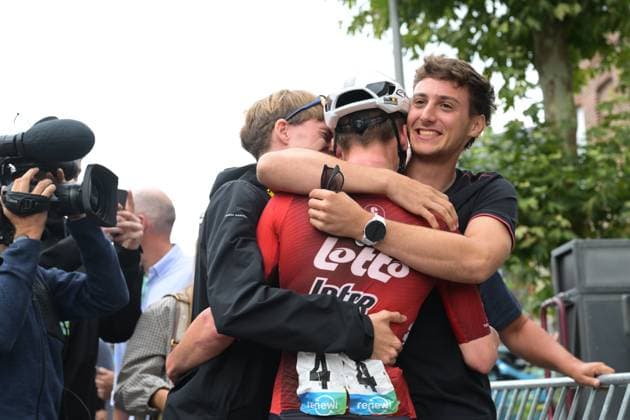 Belgian Jenno Berckmoes of Lotto-Intermarche celebrates after winning stage three of the Renewi Tour multi-stage cycling race, from Celles to Geraardsbergen (182 km) on Friday 21 August 2026. The five-day race takes place from 19 to 23 08. DAVIDxPINTENS  x0864589027stx