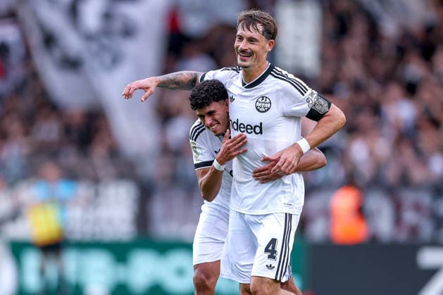 21.08.2026, Fußball, SC St. Tönis - Eintracht Frankfurt, 1. Runde DFB-Pokal 2026 27, Grotenburg-Stadion in Krefeld, Saison 2026 2027: Torjubel nach dem Tor zum 2:0 durch Torschütze Robin Koch (Eintracht Frankfurt 04) zusammen mit Ayoube Amaimouni-Echghouyab (Eintracht Frankfurt 29) DFB regulations prohibit any use of photographs as image sequences and or quasi-video. Nordrhein-Westfalen Deutschland *** August 21, 2026, Soccer, SC St. Tönis vs. Eintracht Frankfurt, 1st Round of the 2026–27 DFB Cup, Grotenburg Stadium in Krefeld, 2026–2027 season: Goal celebration after the 2–0 goal by Robin Koch (Eintracht Frankfurt 04) together with Ayoube Amaimouni Echghouyab (Eintracht Frankfurt 29). DFB regulations prohibit any use of photographs as image sequences and or quasi-video. North Rhine-Westphalia, Germany