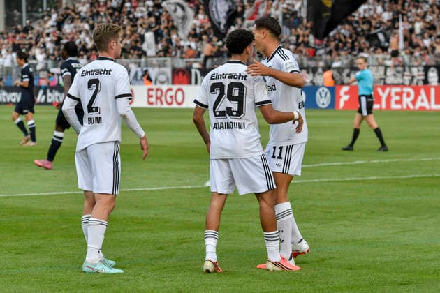 Ayoube Amaimouni-Echghouyab (Eintracht Frankfurt 29) jubelt nach dem Tor zum 0:3 mit der Mannschaft 21.08.2026 ¢ Fussball ¢ SC St. Tönis vs Eintracht Frankfurt, Grotenburg-Stadion, Krefeld, DFB DFL REGULATIONS PROHIBIT ANY USE OF PHOTOGRAPHS AS IMAGE SEQUENCES AND OR QUASI-VIDEO *** Ayoube Amaimouni Echghouyab of Eintracht Frankfurt (29) celebrates with his teammates after scoring the goal that made the score 0–3 on August 21, 2026 ¢ Soccer ¢ SC St. Tönis vs. Eintracht Frankfurt, Grotenburg Stadium, Krefeld, DFB and DFL regulations prohibit any use of photographs as image sequences and or quasi-video Copyright: xpepphotox xSaschaxWeizx pep00321, pep_20260821_hm