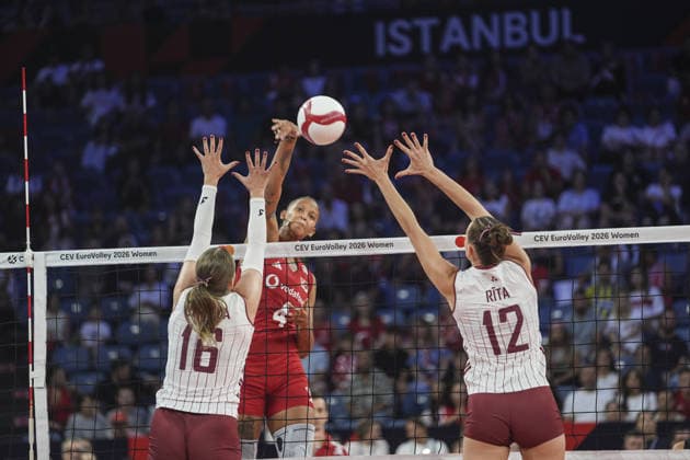 Turkiye v Latvia - CEV EuroVolley 2026 ISTANBUL, TURKIYE - AUGUST 21: Melissa Vargas (4) of Turkiye in action against Anna Rita (12) of Latvia during the CEV Women s European Volleyball Championship Group A match between Turkiye and Latvia at Sinan Erdem Dome in Istanbul, Turkiye on August 21, 2026. Beyza Comert Anadolu Istanbul Turkey. Editorial use only. Please get in touch for any other usage.  Copyright: x2026xAnadoluxBeyzaxComertx
