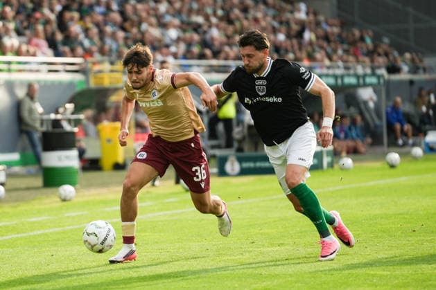 Deutschland: DFB Pokal 2026 2027 1.Runde, SC Preußen Münster vs Karlsruher SC, Freitag 21.08.2026 LVM-Preußenstadion (Münster, Nordrhein-Westfalen, Deutschland) Zweikampf Charalambos Makridis (SC Preußen Münster, 14) Rafael Pinto Pedrosa (Karlsruher SC, 36) *** Germany DFB Cup 2026–2027, First Round: SC Preußen Münster vs. Karlsruher SC, Friday, August 21, 2026, LVM Preußenstadion, Münster, North Rhine-Westphalia, Germany; Tackle: Charalambos Makridis (SC Preußen Münster), 14; Rafael Pinto Pedrosa (Karlsruher SC), 36 Copyright: xMerlexKölkingx