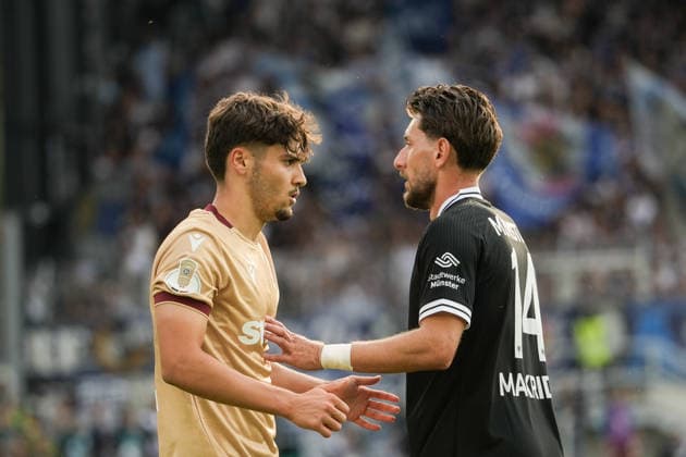 Deutschland: DFB Pokal 2026 2027 1.Runde, SC Preußen Münster vs Karlsruher SC, Freitag 21.08.2026 LVM-Preußenstadion (Münster, Nordrhein-Westfalen, Deutschland) Charalambos Makridis (SC Preußen Münster, 14) Rafael Pinto Pedrosa (Karlsruher SC, 36) *** Germany DFB Cup 2026–2027, First Round: SC Preußen Münster vs. Karlsruher SC, Friday, August 21, 2026, LVM Preußenstadion, Münster, North Rhine-Westphalia, Germany; Charalambos Makridis (SC Preußen Münster), 14; Rafael Pinto Pedrosa (Karlsruher SC), 36 Copyright: xMerlexKölkingx