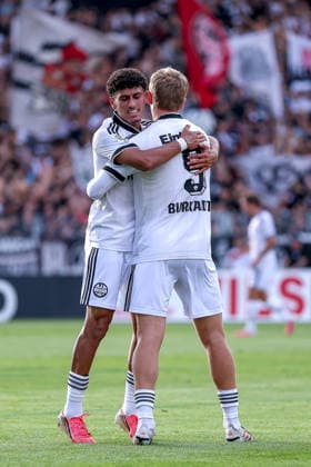 21.08.2026, Fußball, SC St. Tönis - Eintracht Frankfurt, 1. Runde DFB-Pokal 2026 27, Grotenburg-Stadion in Krefeld, Saison 2026 2027: Torjubel nach dem Tor zum 4:0 durch Torschütze Jonathan Burkardt (Eintracht Frankfurt 09) zusammen mit Ayoube Amaimouni-Echghouyab (Eintracht Frankfurt 29) DFB regulations prohibit any use of photographs as image sequences and or quasi-video. Nordrhein-Westfalen Deutschland *** August 21, 2026, Soccer, SC St. Tönis vs. Eintracht Frankfurt, First Round of the 2026–27 DFB Cup, Grotenburg Stadium in Krefeld, 2026–2027 season: Goal celebration after the 4–0 goal by Jonathan Burkardt (Eintracht Frankfurt 09) together with Ayoube Amaimouni Echghouyab (Eintracht Frankfurt 29). DFB regulations prohibit any use of photographs as image sequences and or quasi-video. North Rhine-Westphalia Germany