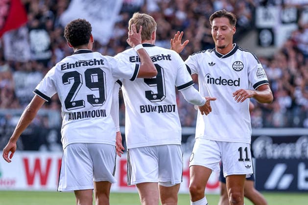 21.08.2026, Fußball, SC St. Tönis - Eintracht Frankfurt, 1. Runde DFB-Pokal 2026 27, Grotenburg-Stadion in Krefeld, Saison 2026 2027: Torjubel nach dem Tor zum 4:0 durch Torschütze Jonathan Burkardt (Eintracht Frankfurt 09) zusammen mit Ayoube Amaimouni-Echghouyab (Eintracht Frankfurt 29) Younes Ebnoutalib (Eintracht Frankfurt 11) DFB regulations prohibit any use of photographs as image sequences and or quasi-video. Nordrhein-Westfalen Deutschland *** August 21, 2026, Soccer, SC St. Tönis vs. Eintracht Frankfurt, 1st Round of the 2026–27 DFB Cup, Grotenburg Stadium in Krefeld, 2026–2027 season: Goal celebration after the 4–0 goal scored by Jonathan Burkardt (Eintracht Frankfurt 09), together with Ayoube Amaimouni Echghouyab (Eintracht Frankfurt 29) and Younes Ebnoutalib (Eintracht Frankfurt 11). DFB regulations prohibit any use of photographs as image sequences and or quasi-video in North Rhine-Westphalia, Germany