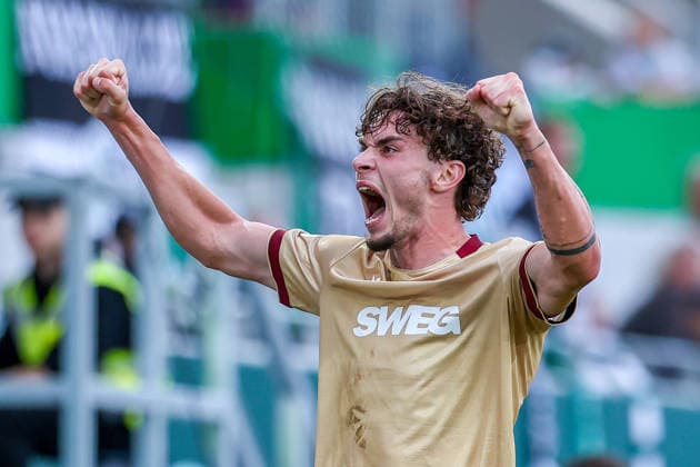 2026.08.21, xkwix, Fußball, DFB-Pokal, Preußen Münster - Karlsruher SC, LVM-Preußenstadion, 1.Runde, Saison 2026 2027: Torjubel von Moritz Broschinski (Karlsruher SC 9) beim Tor zum 1:2 durch Sebastian Jung (Karlsruher SC 2) DFB regulations prohibit any use of photographs as image sequences and or quasi-video. Photo: xKamilxWilkowskixPressefotoKochx Nordrhein-Westfalen Deutschland *** August 21, 2026, xkwix, Soccer, DFB Cup, Preußen Münster vs. Karlsruher SC, LVM Preußenstadion, Round 1, 2026–2027 season: Moritz Broschinski (Karlsruher SC 9) celebrates the goal scored by Sebastian Jung (Karlsruher SC 2) to make it 1–2. DFB regulations prohibit any use of photographs as image sequences and or quasi-video. Photo: xKamilxWilkowskixPressefotoKochx, North Rhine-Westphalia Germany