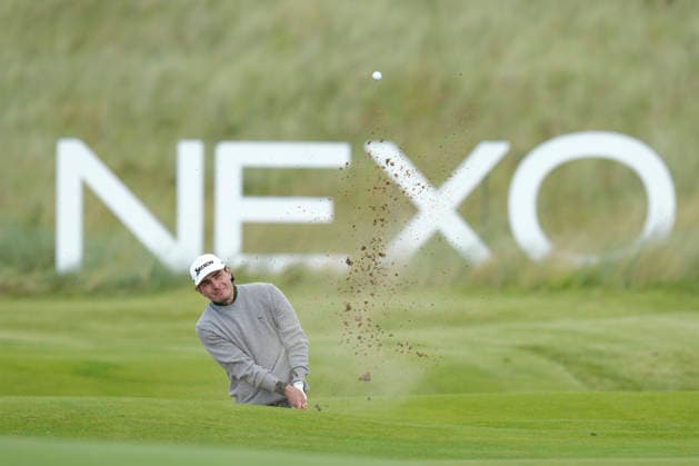BALMEDIE, SCOTLAND - AUG 21: Maximilian Steinlechner (AUT) plays from a green side bunker on the 18th hole during Round 2 at the 2026 Nexo Championship at the Trump International Golf Links, Balmedie on August 21, 2026 in Aberdeenshire, Scotland The 2026 Nexo Championship