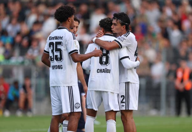 21.08.2026, Fussball DFB-Pokal, 1. Runde, SC St. Tönis - Eintracht Frankfurt, v.l., Torjubel zum 0:11 durch Fares Chaibi (Eintracht Frankfurt), Goal celebration, celebrate the goal DFL DFB REGULATIONS PROHIBIT ANY USE OF PHOTOGRAPHS AS IMAGE SEQUENCES AND OR QUASI-VIDEO. xdcx *** August 21, 2026, Soccer DFB Cup, 1st Round, SC St. Tönis vs. Eintracht Frankfurt, from left, goal celebration for the 0–11 goal by Fares Chaibi of Eintracht Frankfurt, Goal celebration, celebrating the goal. DFL and DFB regulations prohibit any use of photographs as image sequences and or quasi-video. xdcx Copyright: HMBxMedia Claus