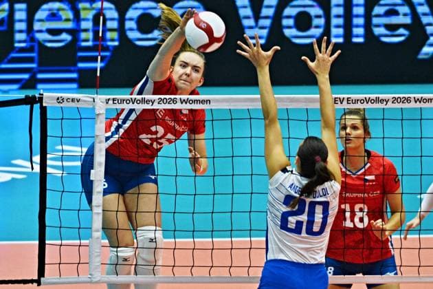 From left Monika Brancuska of Czech Republic, Georgia-Loula Angelopulu of Greece and Pavla Smidova of Czech Republic in action during the Women s European Volleyball Championships Group B match Czech Republic vs Greece, on August 21, 2026, in Brno, Czech Republic. (CTKxPhoto PatrikxUhlir) CTKPhotoP2026082106737  CTKPhotoP2026082106737