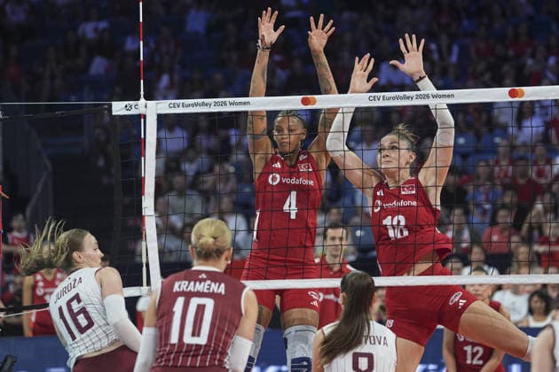 Turkiye v Latvia - CEV EuroVolley 2026 ISTANBUL, TURKIYE - AUGUST 21: Melissa Teresa Vargas (4) of Turkiye in action againsat Anija Jurdza (16) of Latvia during the CEV Women s European Volleyball Championship Group A match between Turkiye and Latvia at Sinan Erdem Dome in Istanbul, Turkiye on August 21, 2026. Beyza Comert Anadolu Istanbul Turkey. Editorial use only. Please get in touch for any other usage.  Copyright: x2026xAnadoluxBeyzaxComertx