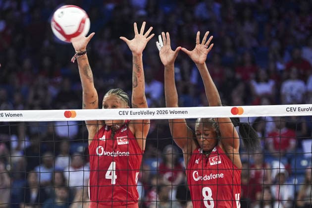 Turkiye v Latvia - CEV EuroVolley 2026 ISTANBUL, TURKIYE - AUGUST 21: Melissa Teresa Vargas (4) and Melissa Teresa Vargas (4) of Turkiye in action againsat Anna Rita (12) of Latvia during the CEV Women s European Volleyball Championship Group A match between Turkiye and Latvia at Sinan Erdem Dome in Istanbul, Turkiye on August 21, 2026. Beyza Comert Anadolu Istanbul Turkey. Editorial use only. Please get in touch for any other usage.  Copyright: x2026xAnadoluxBeyzaxComertx