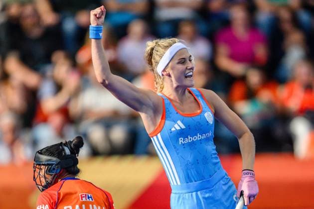 AMSTELVEEN, 21-08-2026, Wagener Stadion, FIH Hockey World Cup 2026 Women, 2026. Yibbi Jansen scores and celebrates during the game Netherlands - India (women). Netherlands - India (women)  x205904067x Copyright: