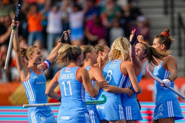 AMSTELVEEN, 21-08-2026, Wagener Stadion, FIH Hockey World Cup 2026 Women, 2026. Yibbi Jansen and Xan de Waard celebrating the goal scored during the game Netherlands - India (women). Netherlands - India (women)  x205904068x Copyright: