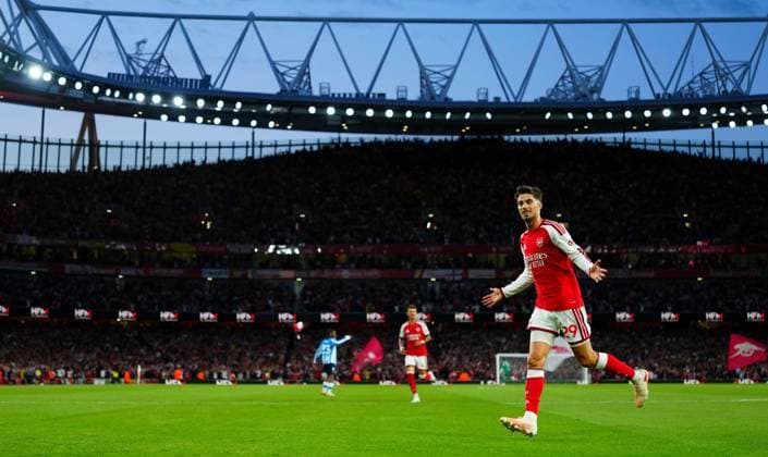 Kai Havertz of Arsenal celebrates scoring the opening goal Arsenal v Coventry City, Premier League Football, Football, Emirates Stadium, London, UK - 21 Aug 2026London Emirates Stadium United Kingdom EDITORIAL USE ONLY No use with unauthorised audio, video, data, fixture lists, club league logos or live services. Online in-match use limited to 120 images, no video emulation. No use in betting, games or single club league player publications.  Copyright: xJavierxGarcia Shutterstockx 17111304s
