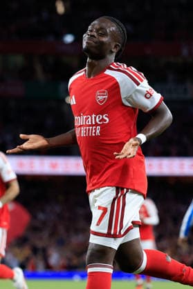Arsenal FC v Coventry City - Premier League 2026 27 Bukayo Saka of Arsenal celebrates 2nd goal during the Premier League 2026 27 match between Arsenal FC and Coventry City at Emirates Stadium on August 21, 2026 in London, England. WARNING! This Photograph May Only Be Used For Newspaper And Or Magazine Editorial Purposes. May Not Be Used For Publications Involving 1 player, 1 Club Or 1 Competition Without Written Authorisation From Football DataCo Ltd. For Any Queries, Please Contact Football DataCo Ltd on +44 (0) 207 864 9121 London Emirates Stadium England United Kingdom Copyright: xAllstarxPicturexLibraryxLtdx