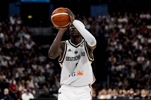 HAMBURG, GERMANY - AUGUST 21: Isaac Bonga (Germany, 0) shooting from the freethrow line during a Turkish Airlines Basketball Supercup match between Germany vs. Czechia at Barclays Arena on August 21, 2026 in Hamburg, Germany. Hamburg Germany Copyright: xSteffiexWunderlx